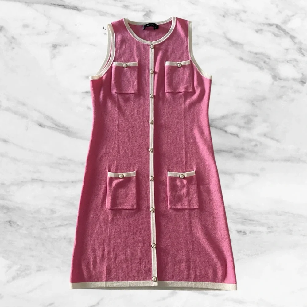 Work Dress Sleeveless Knit Dress - Pink & White Pearl Button, Size M 🌸💕 Brunch - Picture 2 of 8